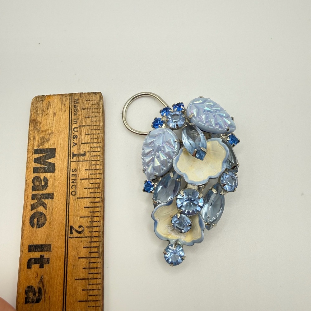 Vintage Blue Rhinestone Enamel Flower Brooch Scarf Clip Silver Tone Floral Pin - Picture 5 of 5